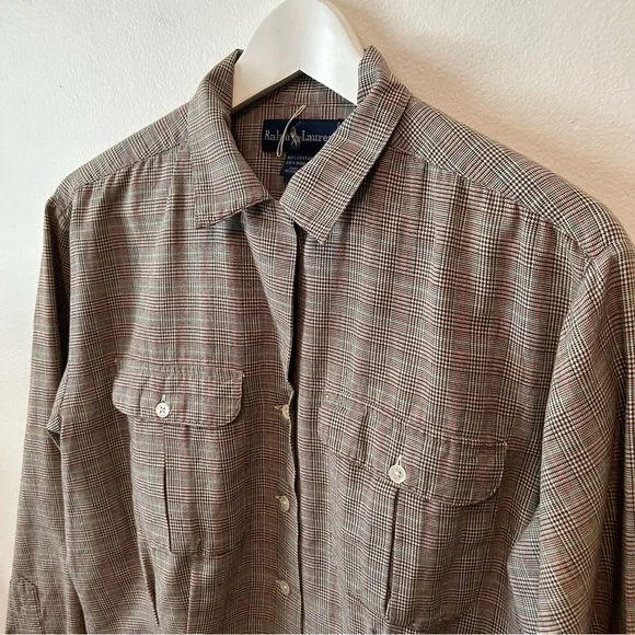 Vintage 80's Ralph Lauren Brown Cotton Wool Plaid Blouse with Darts Equestrian - Picture 3 of 11